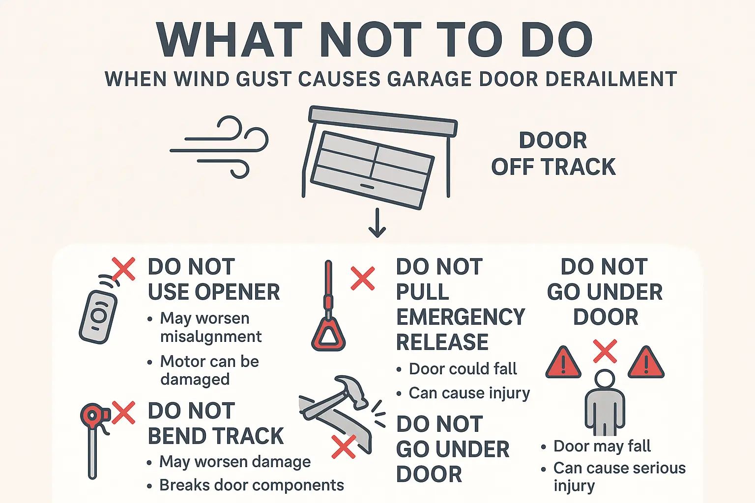Visual 'What NOT to Do' emergency protocol highlighting seven fatal mistakes that increase safety risks and door damage after wind-induced derailment.