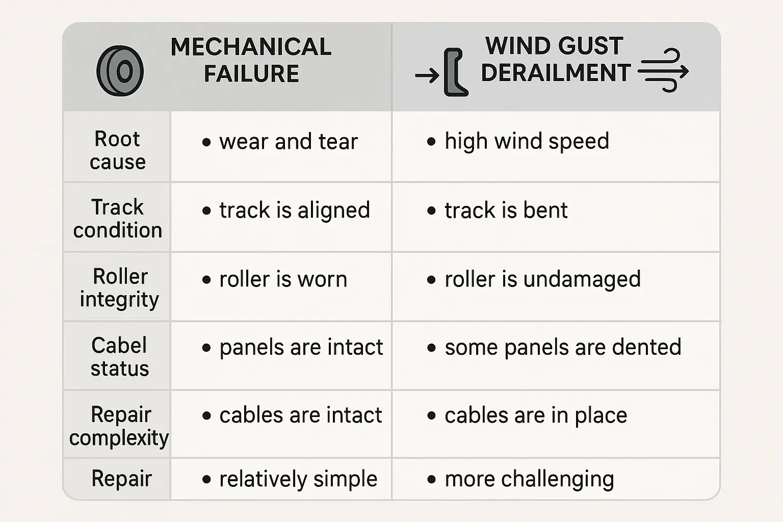 Diagnostic matrix clarifying how wind gust damage differs from regular wear and tear, guiding readers to correctly assess the severity and type of garage door failure.