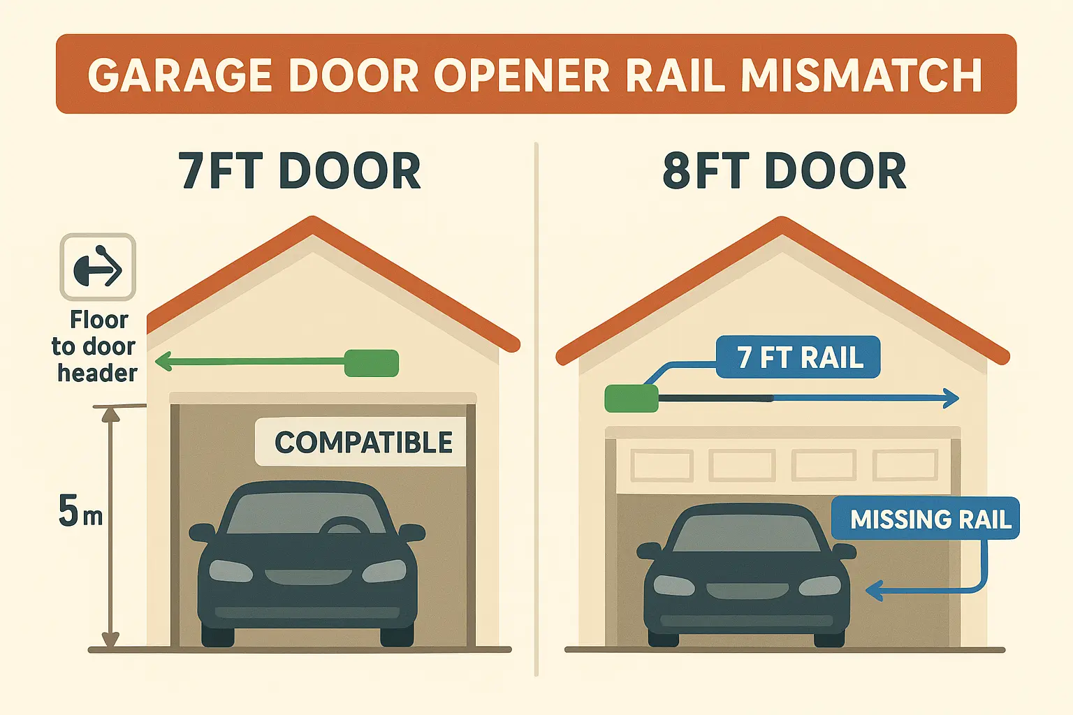 Visual explanation of the common 7-foot rail length mismatch problem homeowners face with 8-foot garage doors, highlighting why extension kits are necessary.