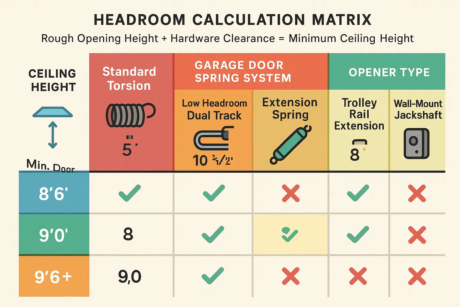 A memorable matrix showing how ceiling height, spring system, and opener compatibility determine if your garage can fit an 8-foot door, simplifying a complicated calculation.