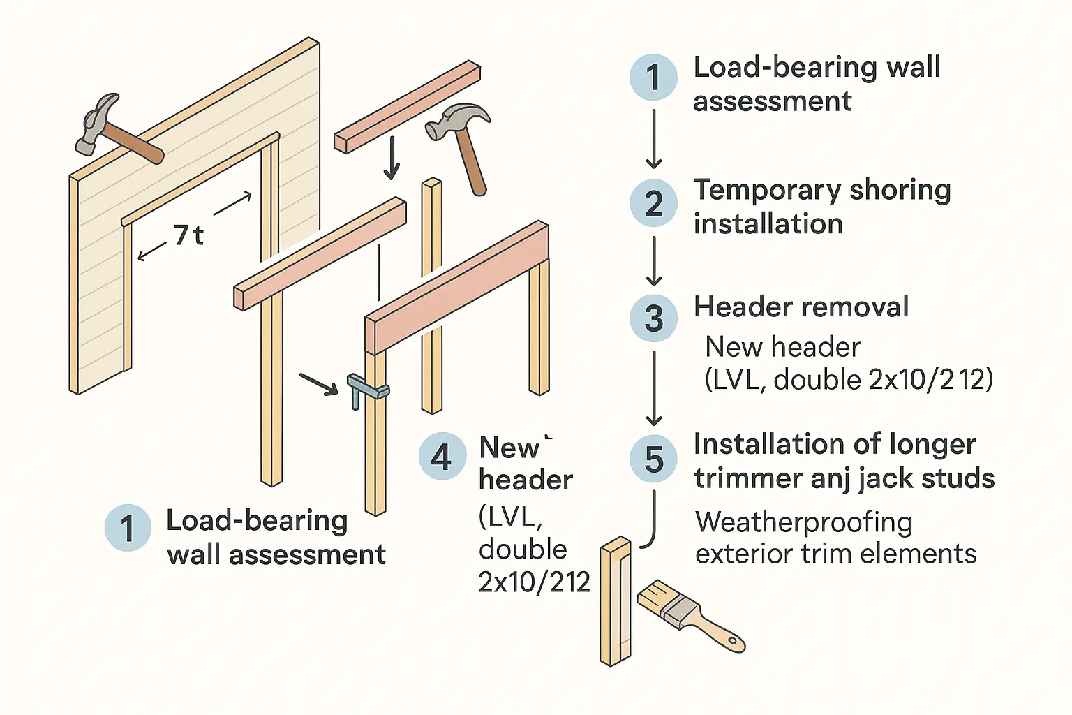 This process diagram breaks down complex carpentry steps into clear stages, empowering homeowners and builders to understand the structural modifications needed for an 8-foot garage door opening.