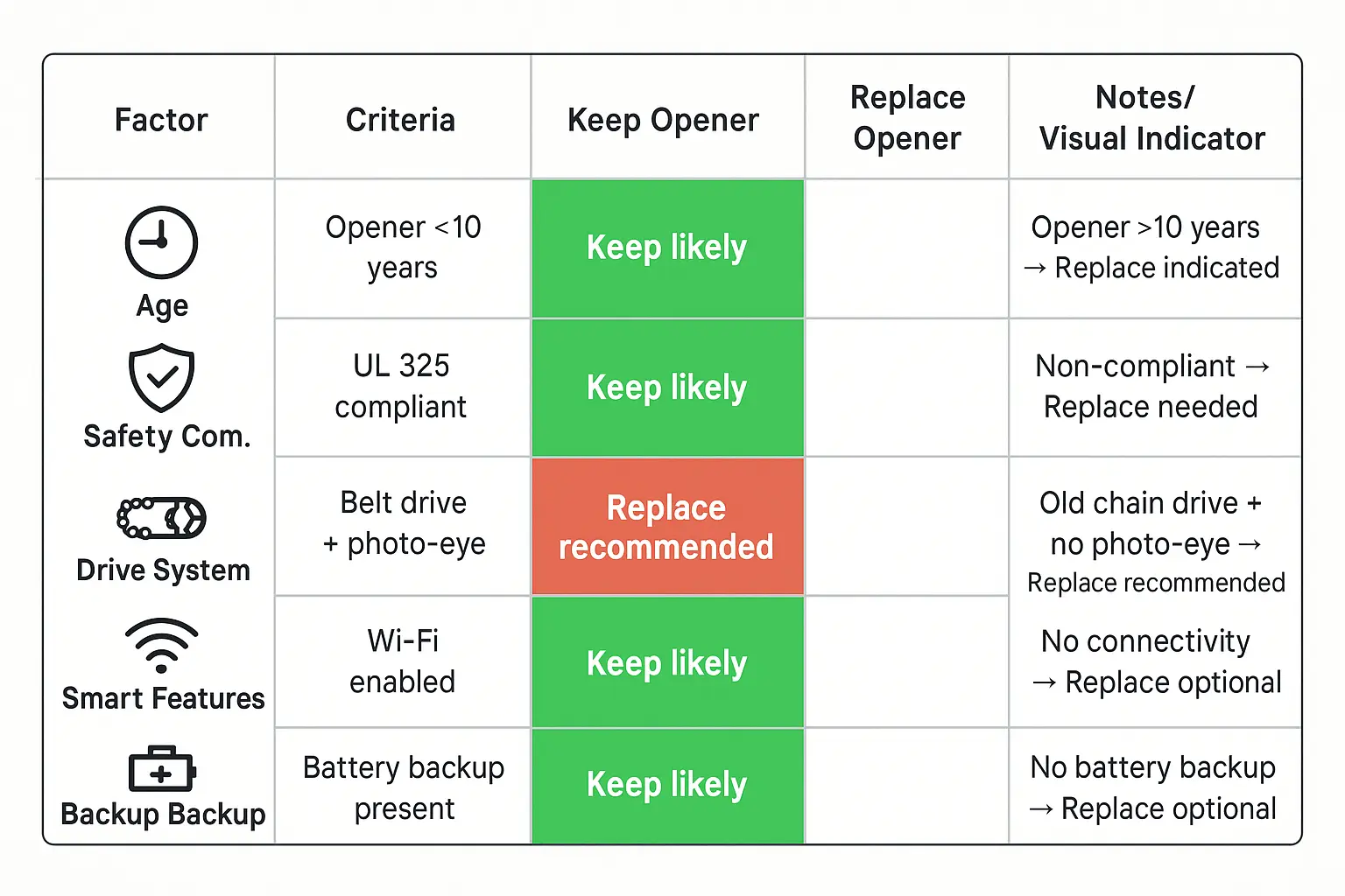 An easy-to-follow decision scorecard empowering homeowners to evaluate their current garage door opener’s compatibility and safety for reuse with a new door.