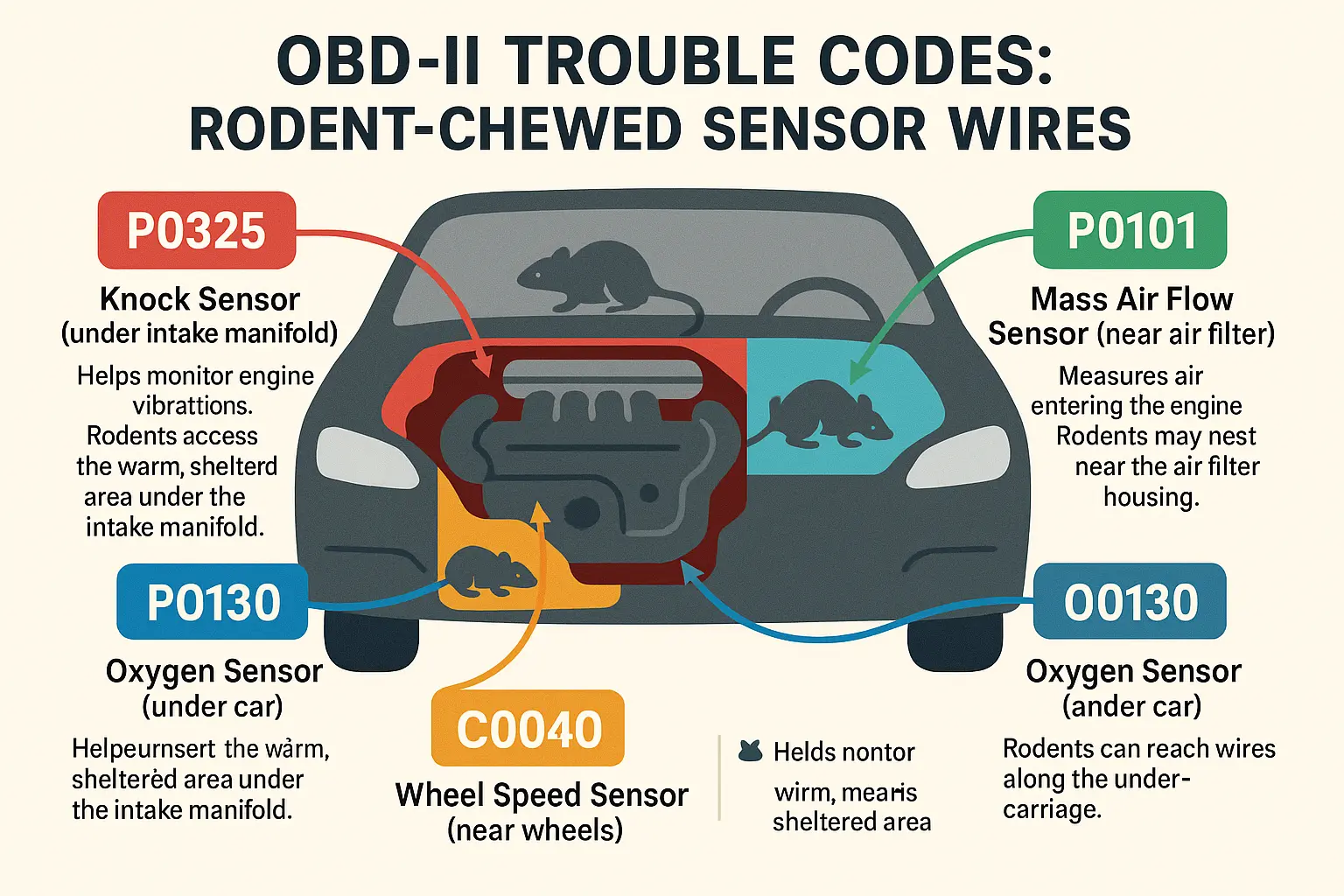 This diagram connects engine warning codes to typical rodent damage spots, clarifying where sensor wires are commonly chewed and triggering specific Check Engine alerts.