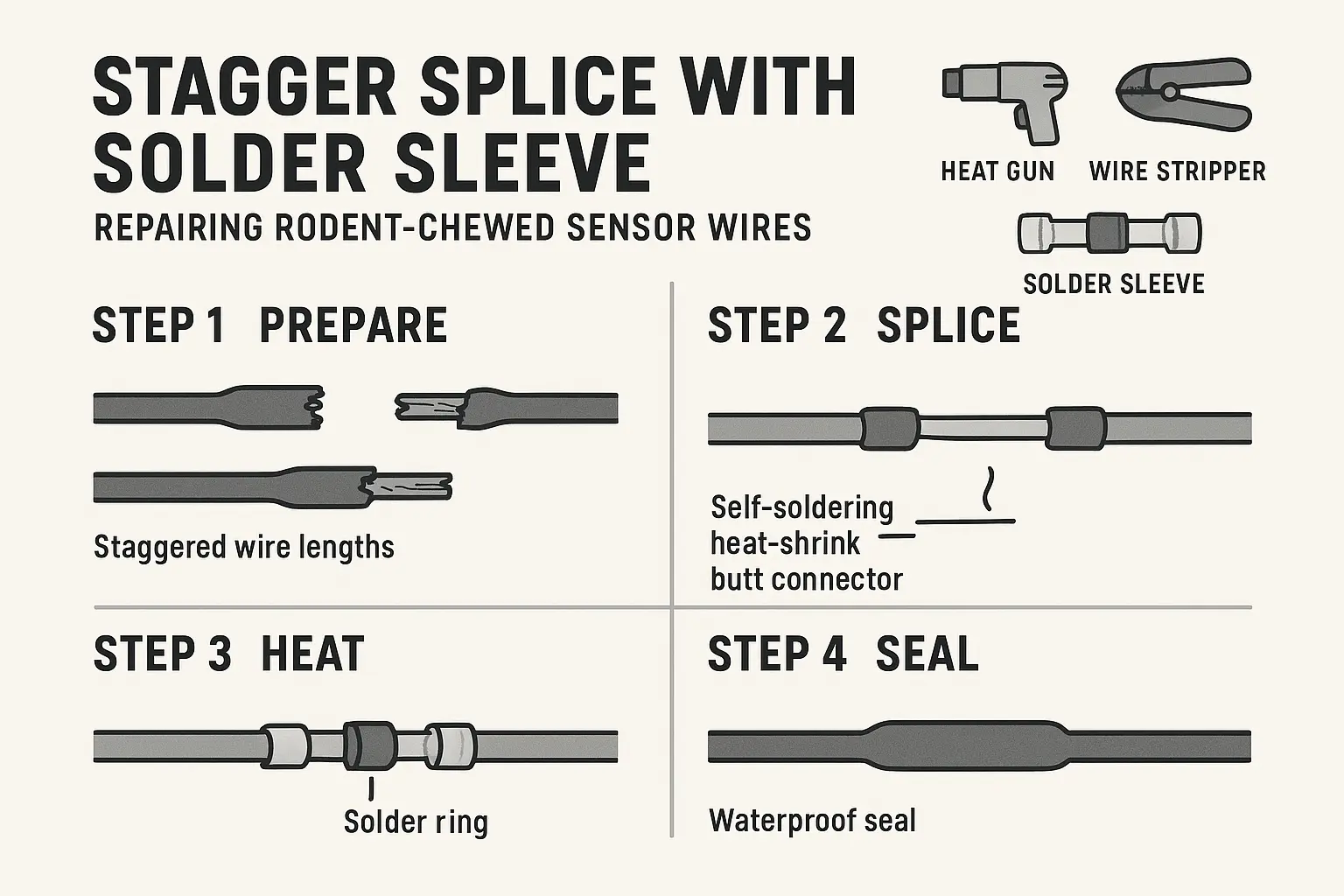 This stepwise diagram teaches how to perform professional stagger splicing repairs that maintain electrical resistance integrity and prevent future failures from rodent damage.
