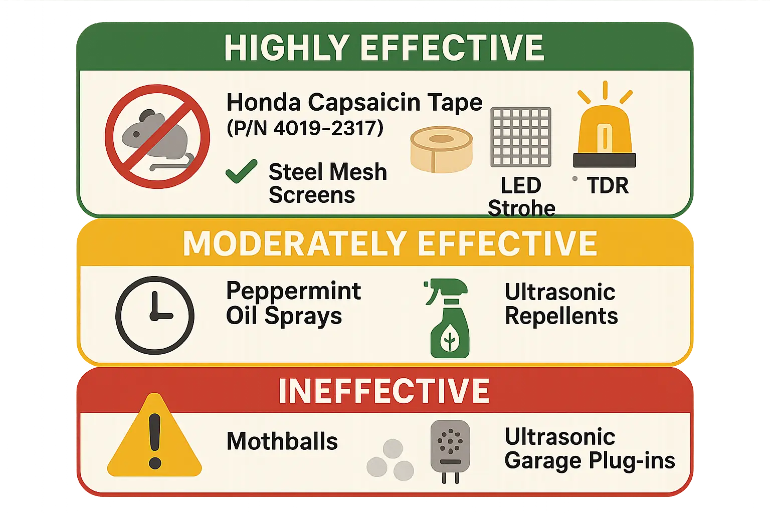 This infographic visually anchors the best and worst rodent deterrent methods for protecting vehicle wiring, helping users remember how to prevent re-infestations effectively.