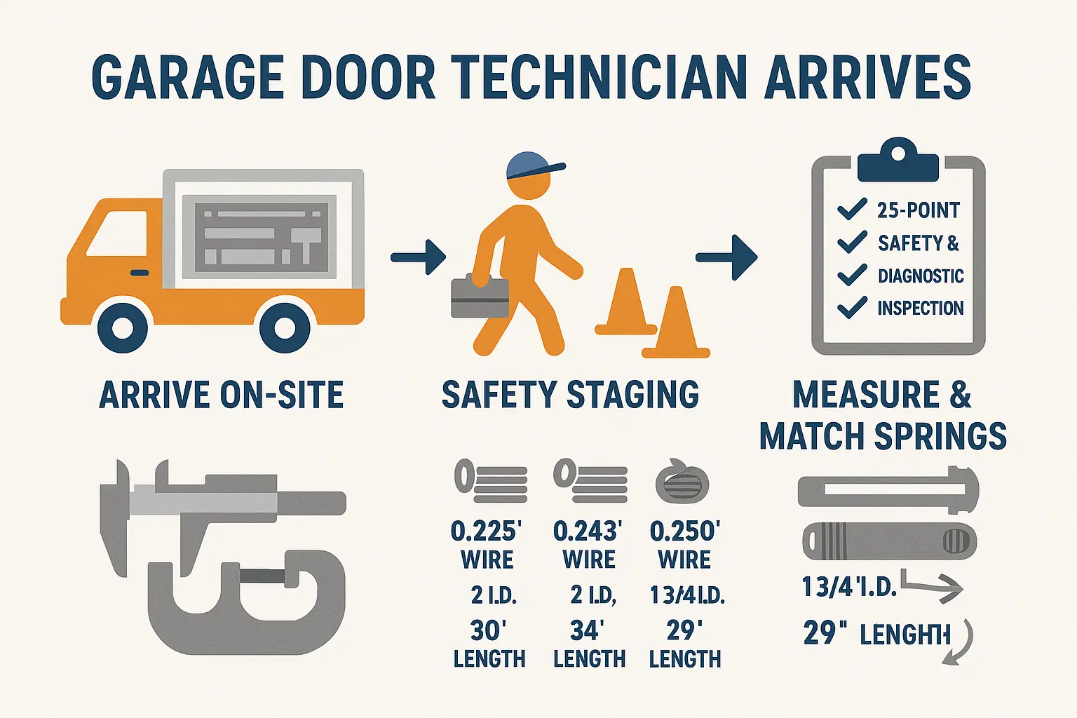 Visualizing the technician's first 15 minutes: arrival, safety preparations, and precise spring dimension measurements ensure a safe and accurate repair process.
