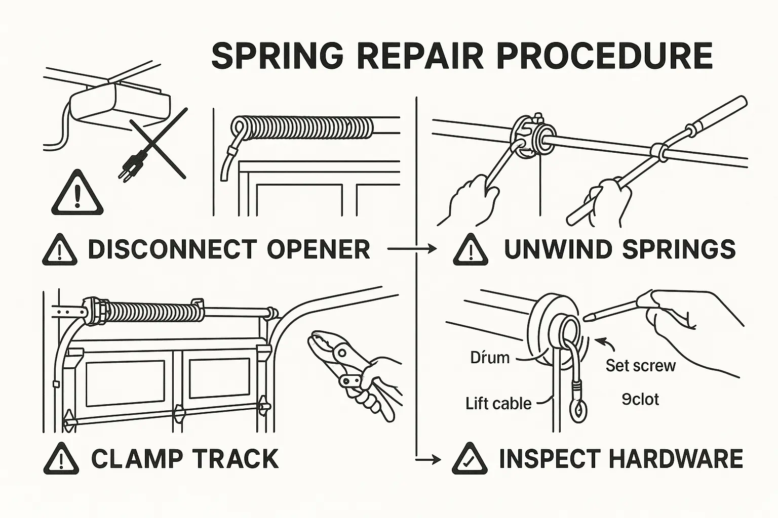 Breaking down the technician’s critical mid-job procedures: safely de-energizing the door springs and thoroughly inspecting hardware components to prevent future failures.