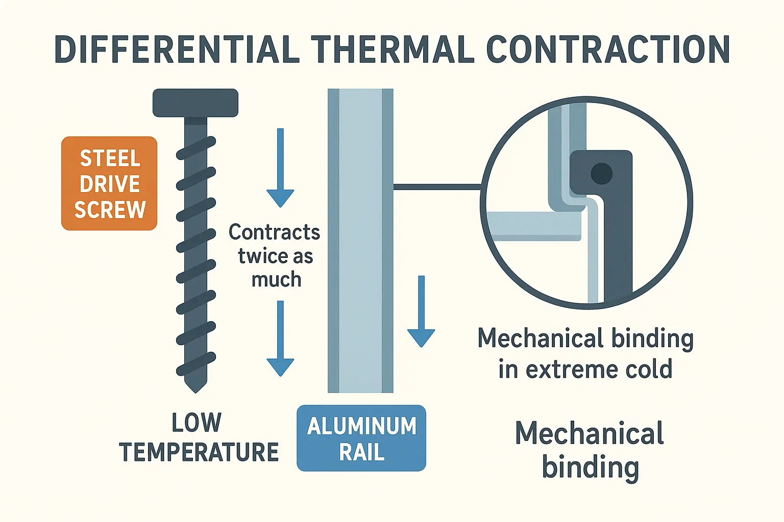 Differential thermal contraction causes aluminum rails to shrink faster than steel screws, leading to mechanical binding and slowed door operation in freezing temperatures.