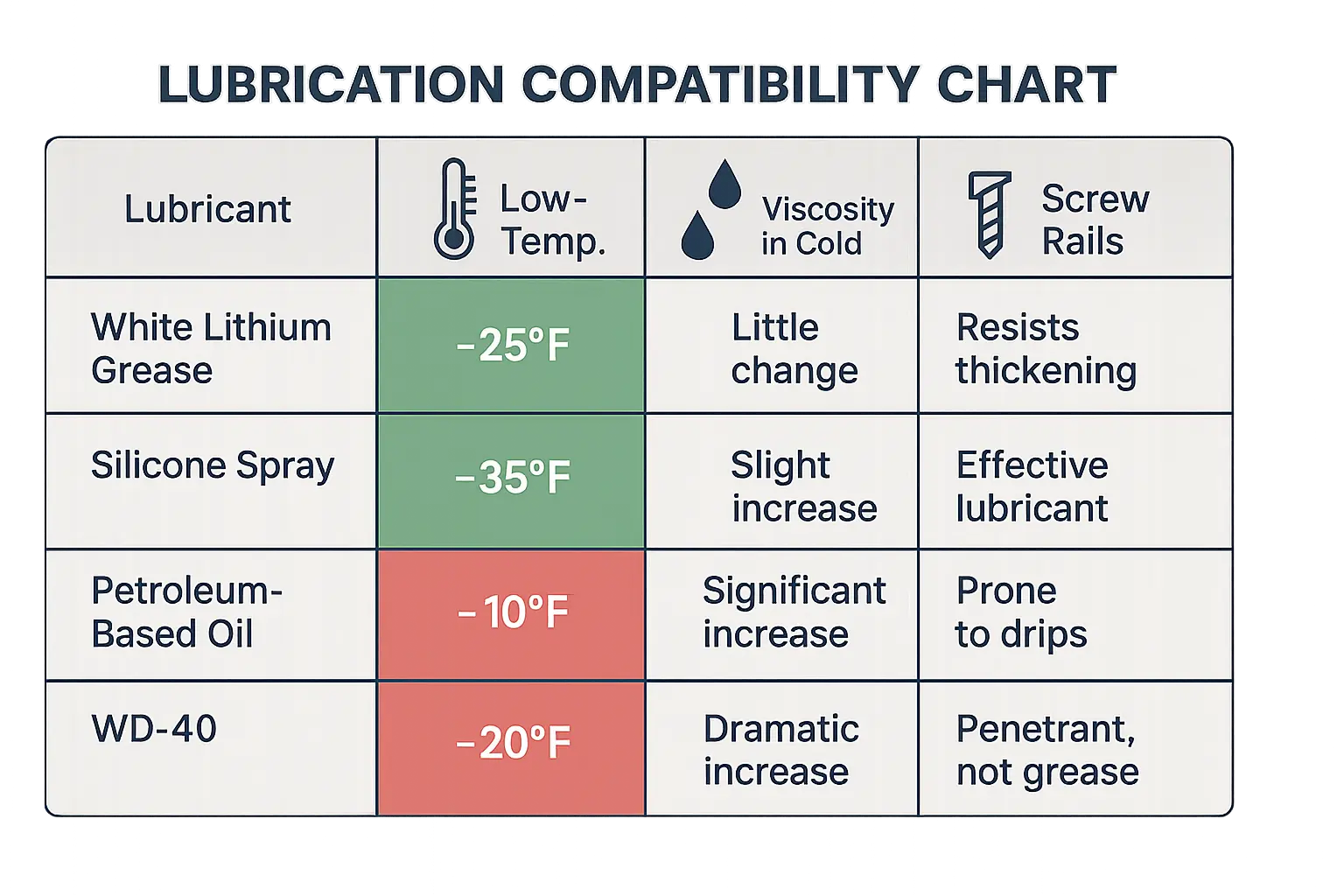 Refer to this lubrication chart to choose the best grease for your screw-drive garage door opener in winter, avoiding common pitfalls that cause failures.