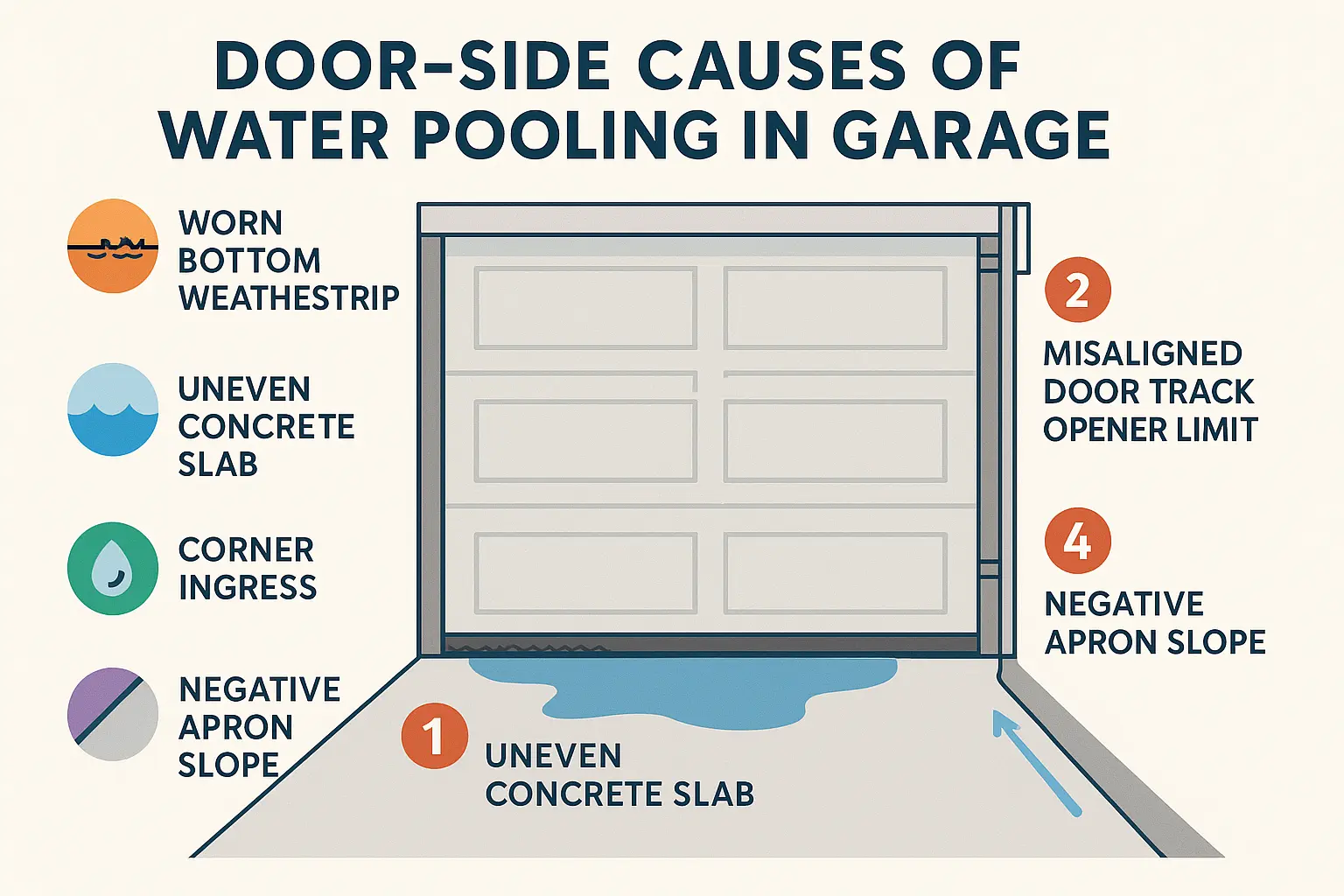 Visualizing the five common door-side causes that let water pool inside your garage after heavy rain helps homeowners identify the exact problem for targeted fixes.