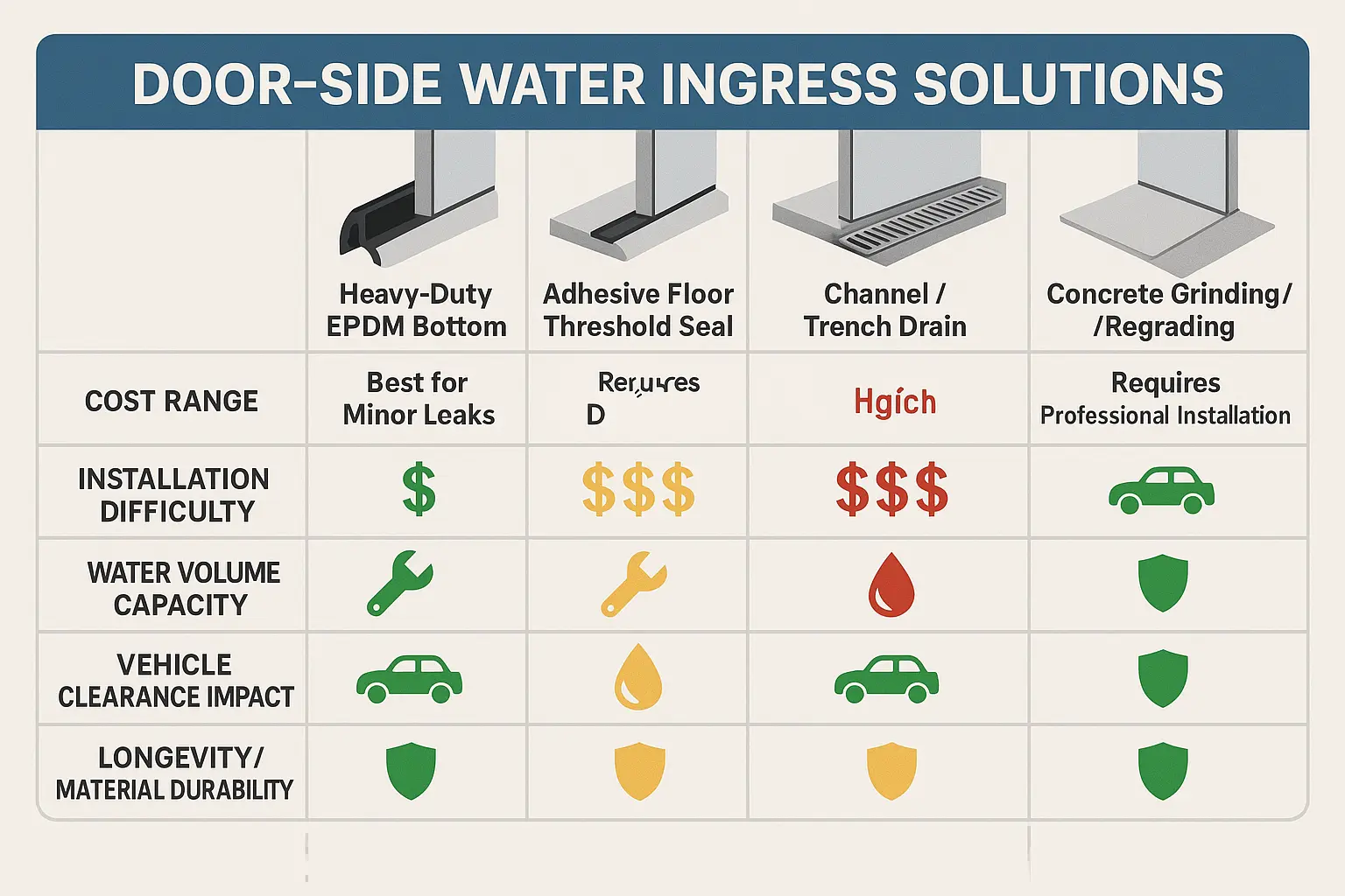 This solution matrix helps you remember the strengths and trade-offs of each repair option, guiding informed decisions for garage water leakage.