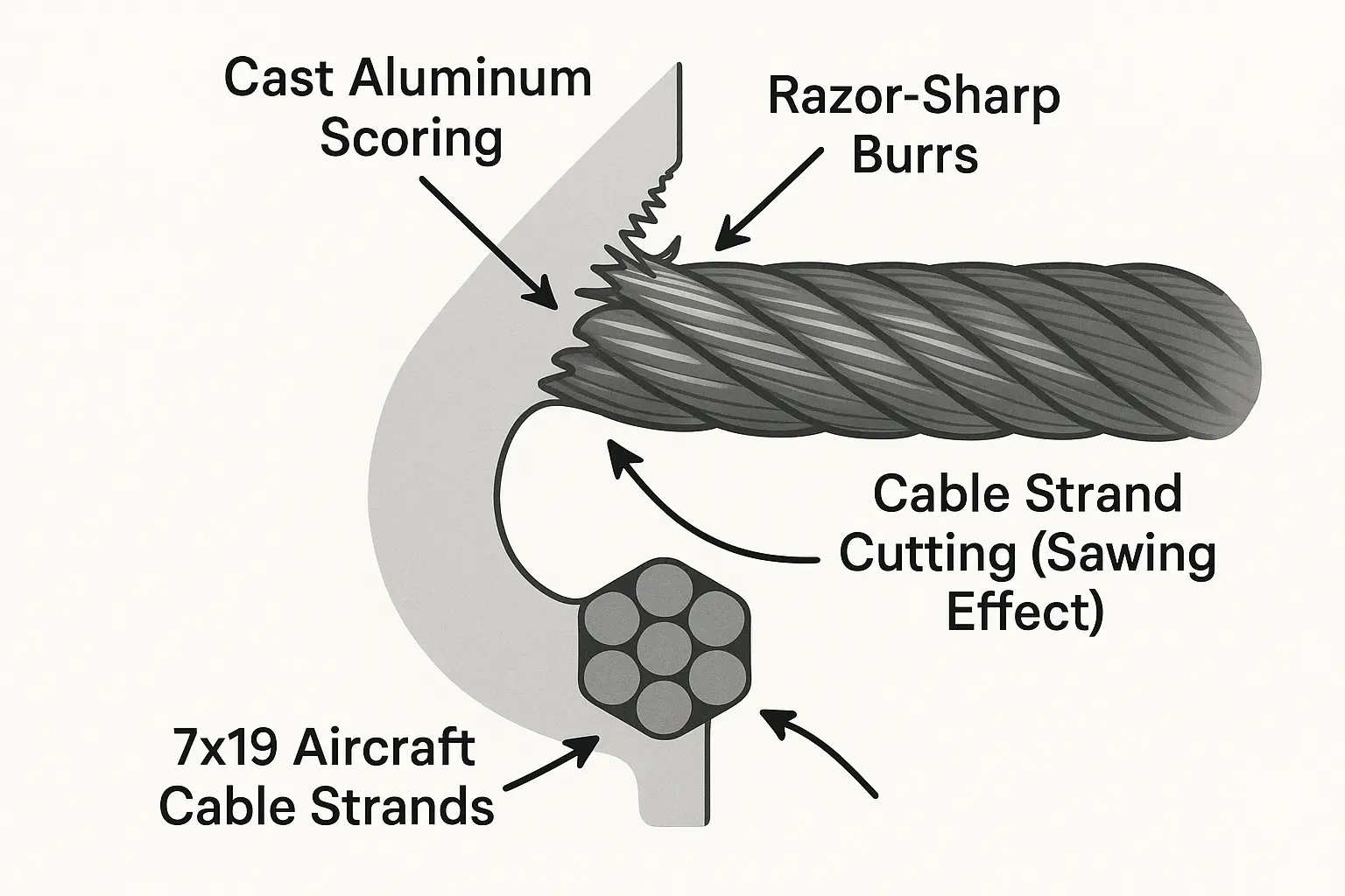 Visualizing the 'Sawing' Mechanism: How cast aluminum drum groove scoring creates sharp burrs that progressively cut the steel cable strands, leading to cable failure.