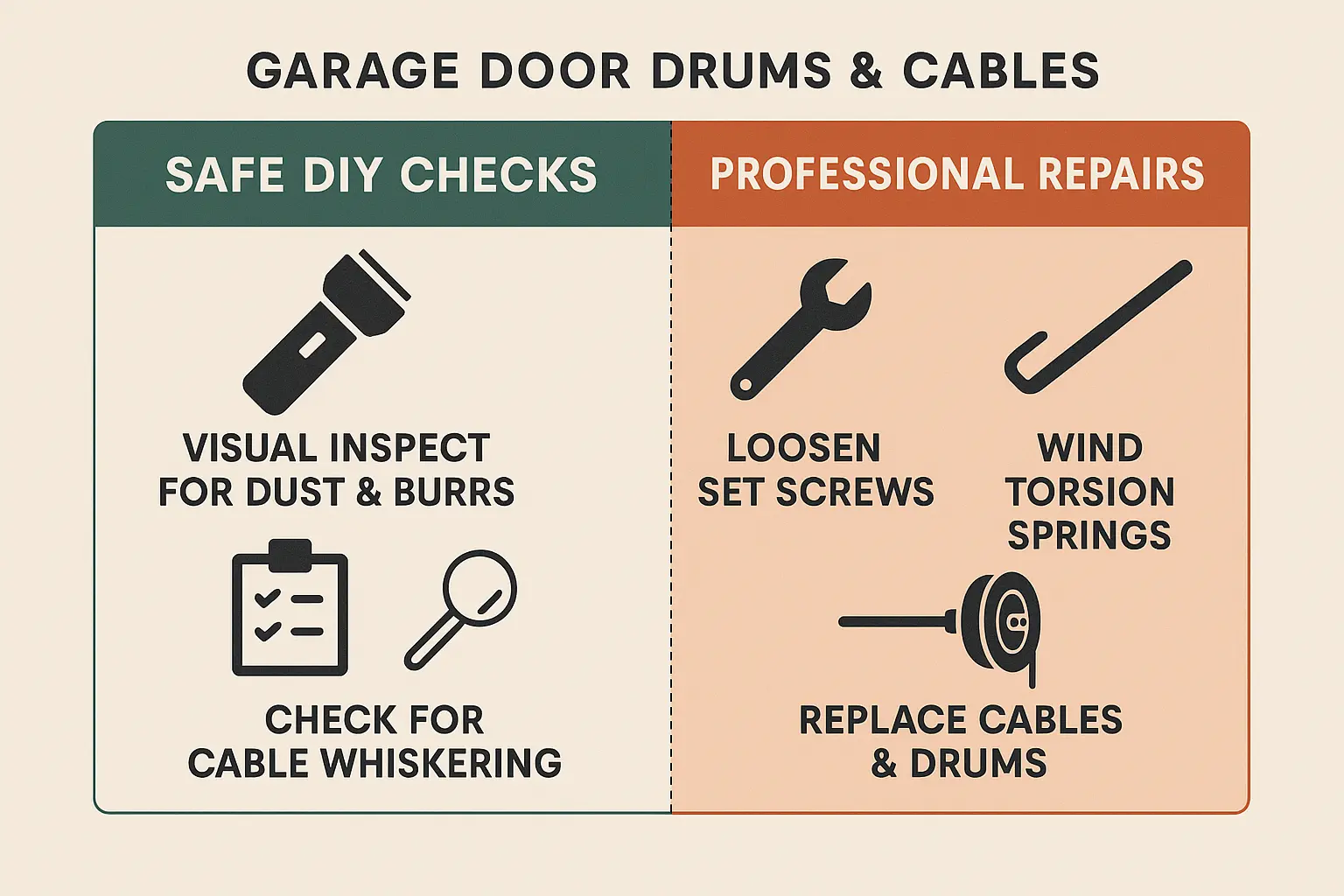 Know Your Limits: A clear, memorable visual guide distinguishing safe DIY garage door drum inspection tasks from hazardous repairs that require professional expertise.